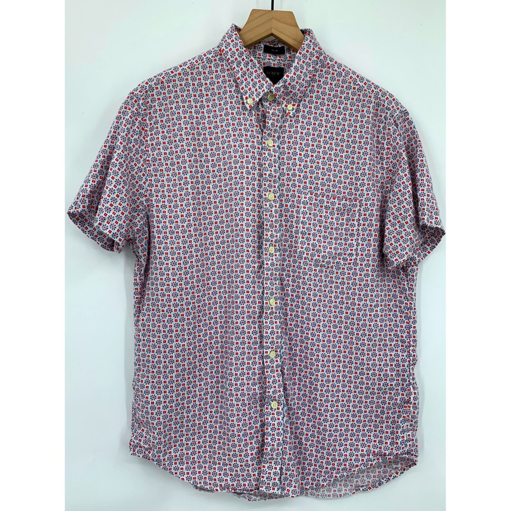 J Crew Shirt Mens Large White Blue Red Floral Linen Cotton Slim Fit Short Sleeve